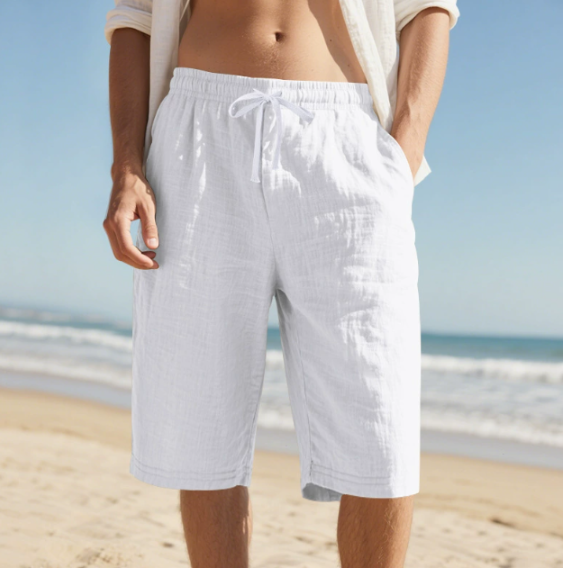 Men's casual knee-length pull-on chino shorts in khaki. Relaxed fit with drawstring for summer comfort.