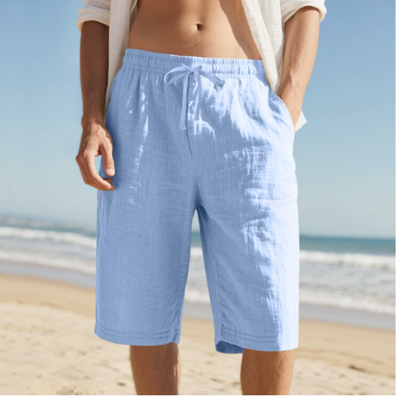 Stylish men's knee-length chino shorts with pull-on design. Drawstring waist offers ultimate comfort and casual style.