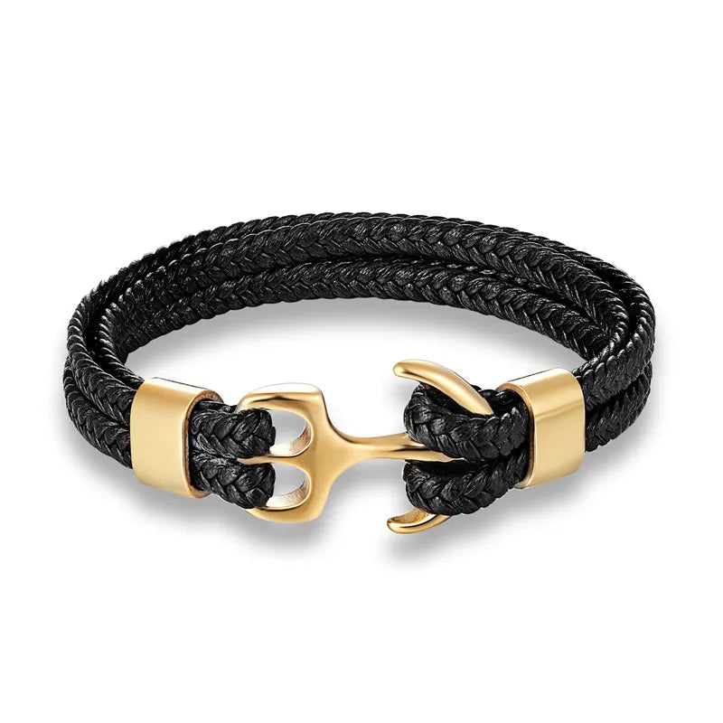 Men's leather bracelet with a silver stainless steel nautical anchor clasp, stylish wristband.
