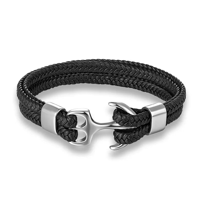 Stylish men's nautical anchor leather bracelet. Durable stainless steel clasp for casual wear.