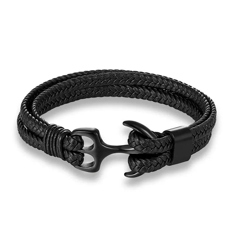 Premium men's leather bracelet featuring a detailed stainless steel anchor. Perfect maritime jewelry.