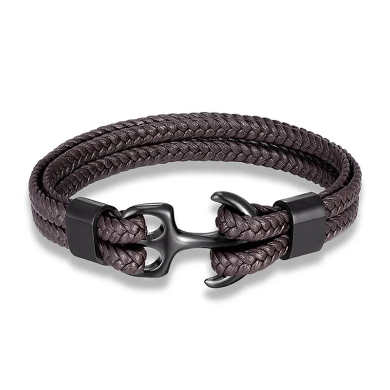 Stylish men's leather bracelet with a prominent stainless steel anchor design. Maritime fashion.