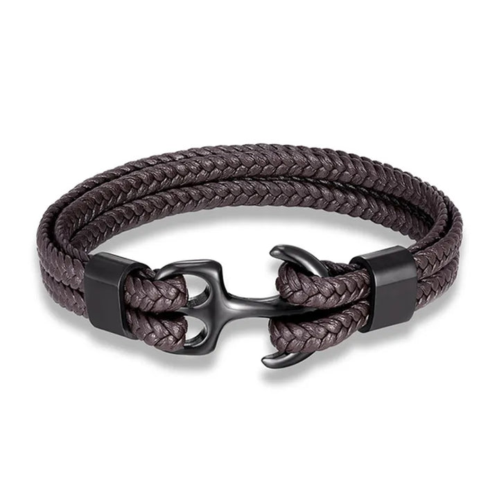 Stylish men's leather bracelet with a prominent stainless steel anchor design. Maritime fashion.
