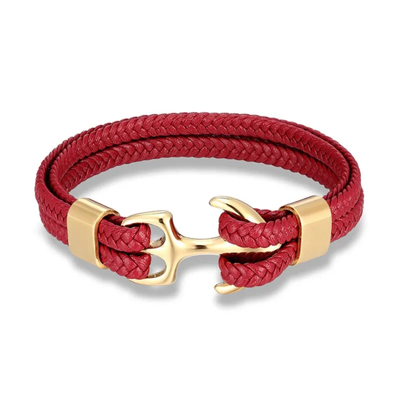 Durable men's nautical leather wristband with a secure stainless steel anchor clasp. Casual jewelry.
