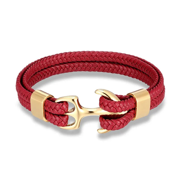 Durable men's nautical leather wristband with a secure stainless steel anchor clasp. Casual jewelry.