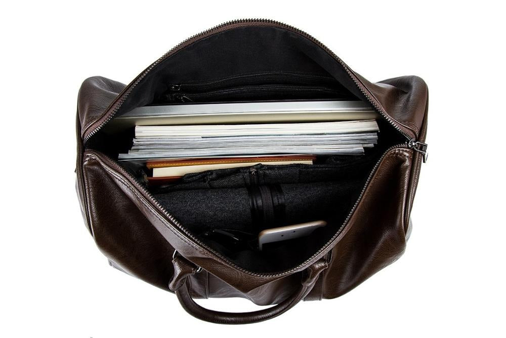 Classic design leather duffel, a timeless men's travel essential.