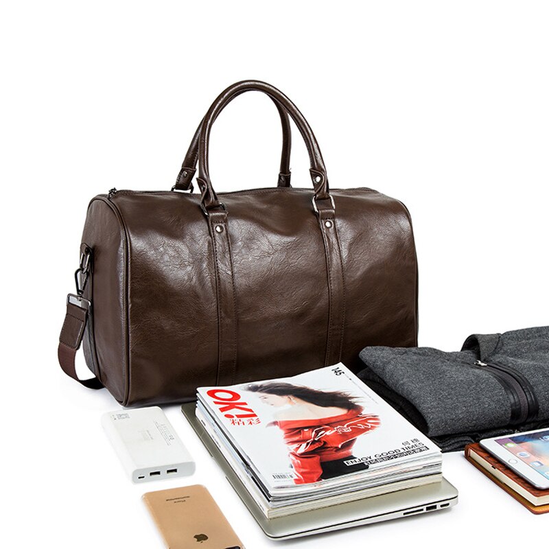 Premium men's leather duffel bag, lightweight for easy transport.