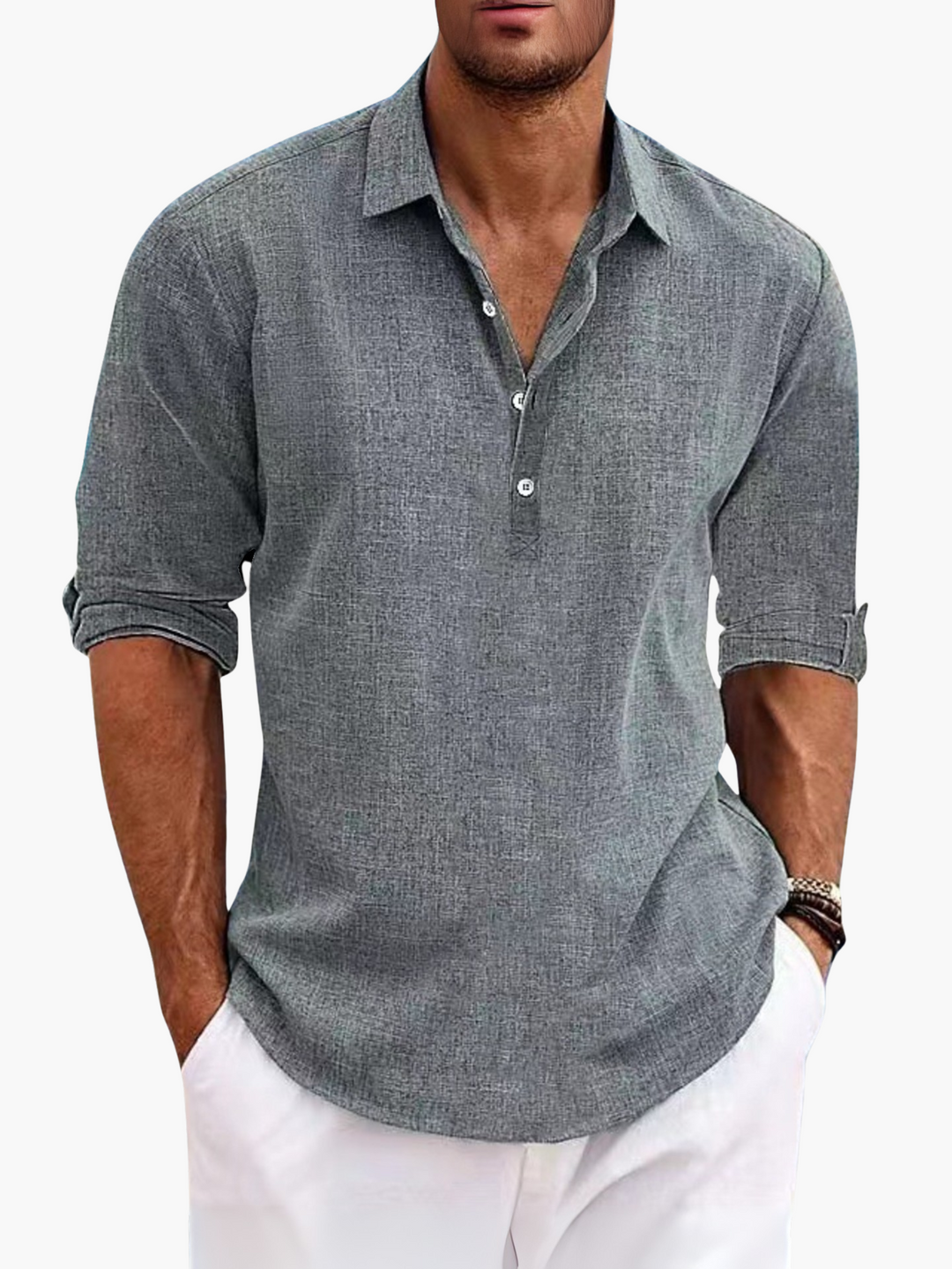 Men's linen blend polo shirt, offering a relaxed fit for summer