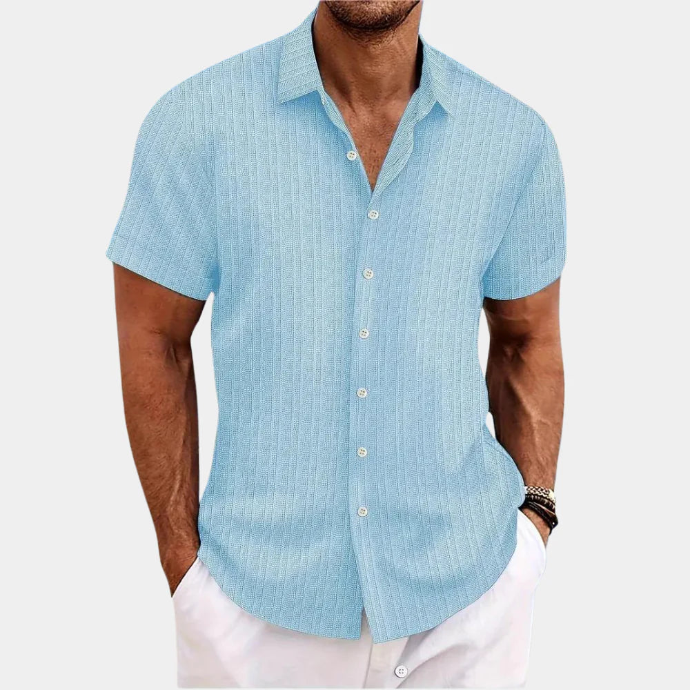 New men's smart casual summer shirt, lightweight button-down, short sleeve, breathable for warm weather comfort.