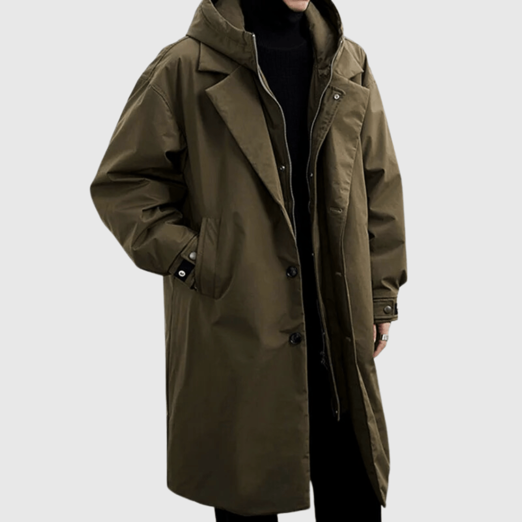 Men's lightweight waterproof raincoat with stowable hood for ultimate all-weather storm protection. Ideal outdoor gear.