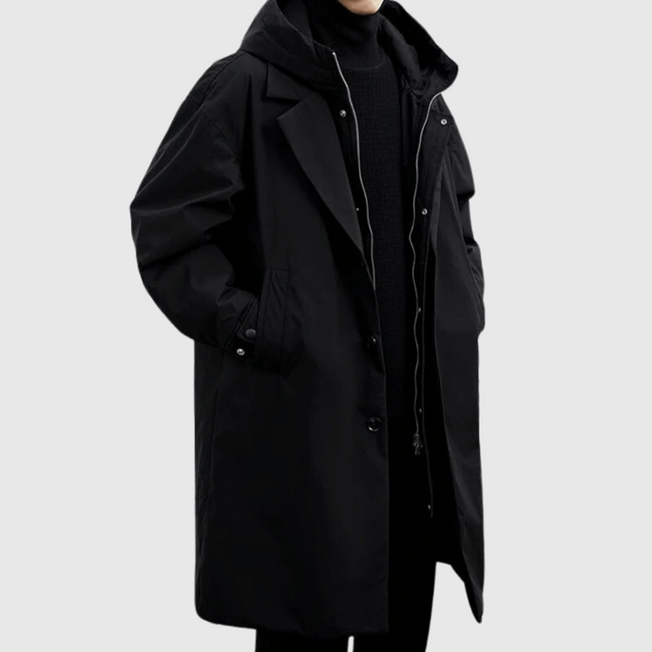 Men's waterproof rain jacket. Adjustable fit commuter & travel essential for all-weather protection & outdoor gear.