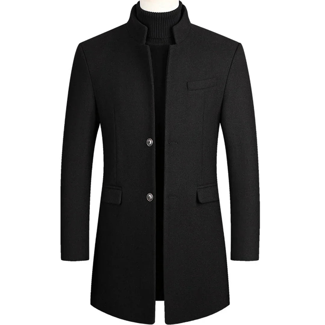 Elegant men's long formal coat, offering timeless style and superior warmth for winter fashion.