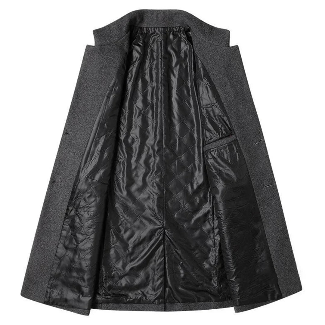 Stylish men's winter coat; long formal design provides warmth & sophisticated look for cold weather.
