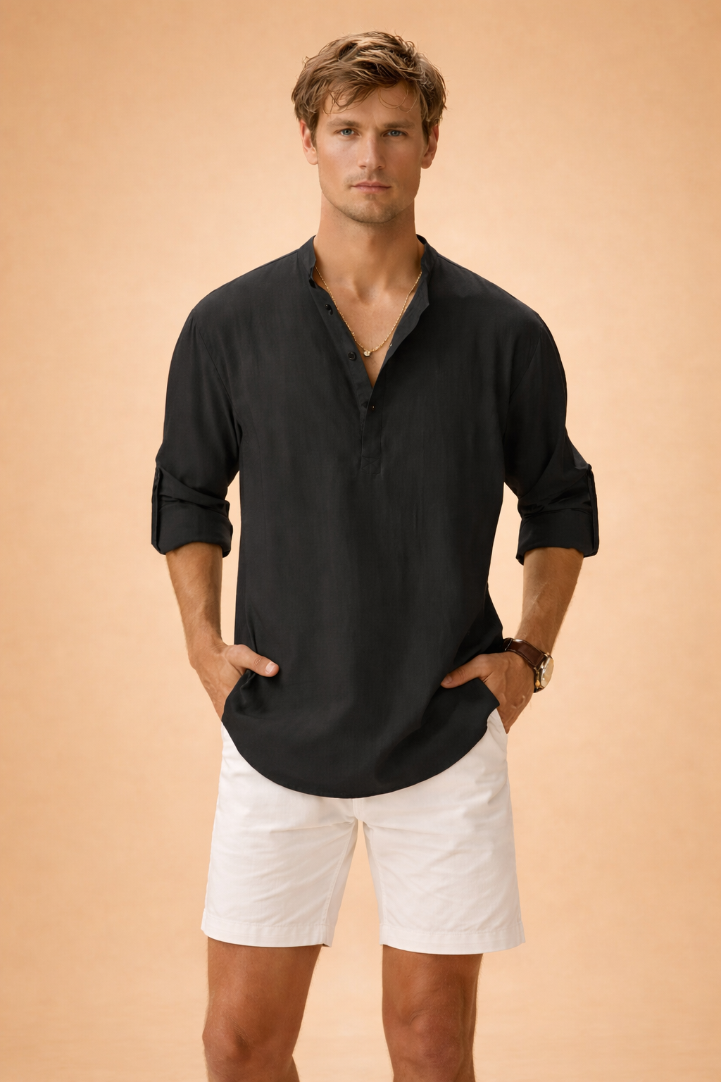 Back view of the men's long sleeve crew neck shirt, demonstrating its comfortable design.