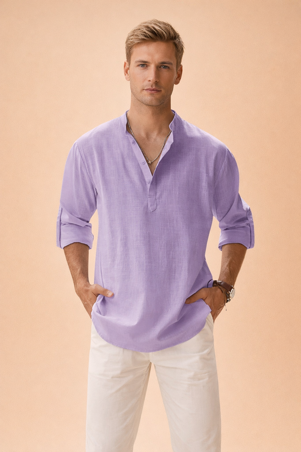 Model showcasing the relaxed fit of the men's long sleeve crew neck shirt for modern style.