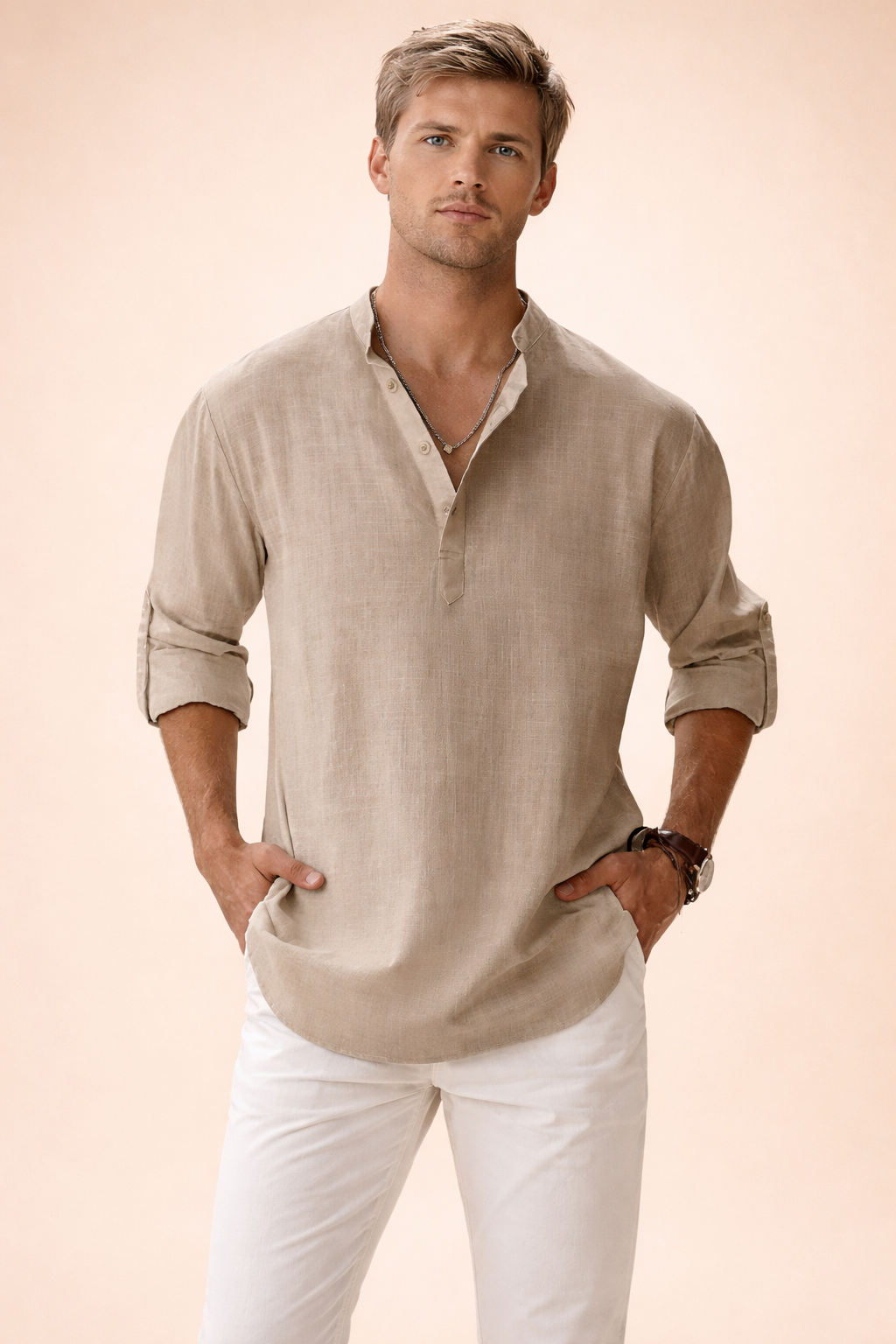 Detail of the crew neckline on a men's long sleeve shirt, offering effortless style.