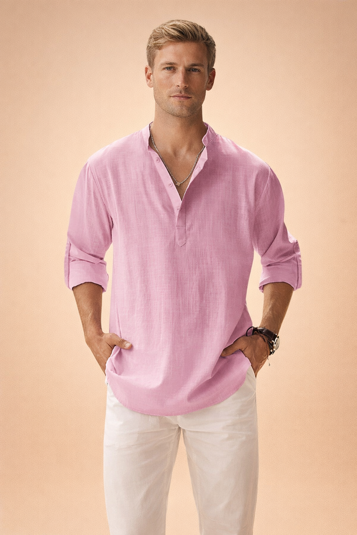 Stack of men's long sleeve crew neck shirts in various colors, a must-have for any man.