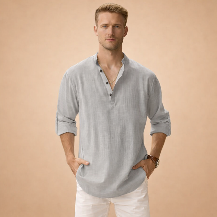 Front view of the men's long sleeve crew neck shirt, ideal for layering or standalone wear.