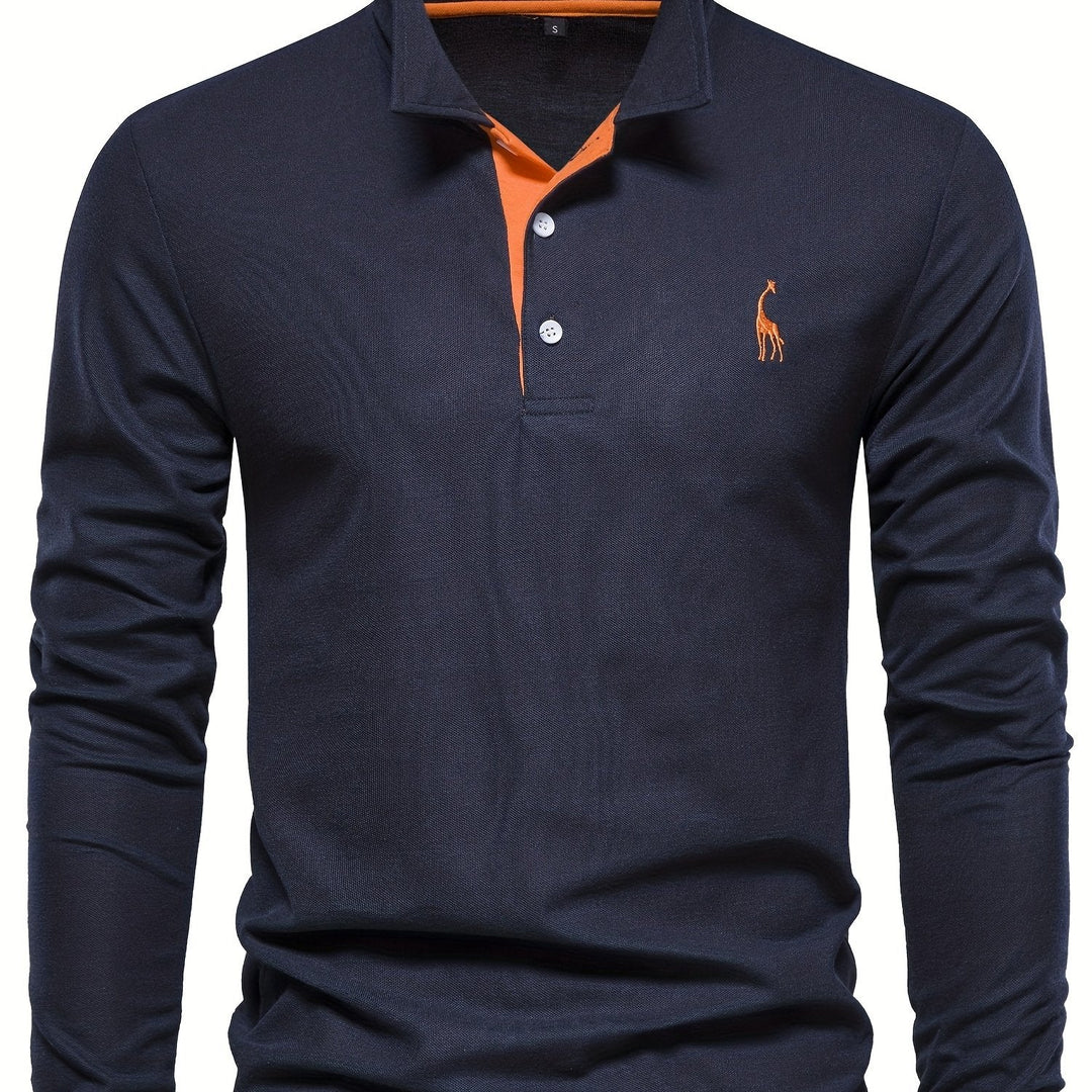 Man layering a light blue long sleeve polo shirt for a smart casual look