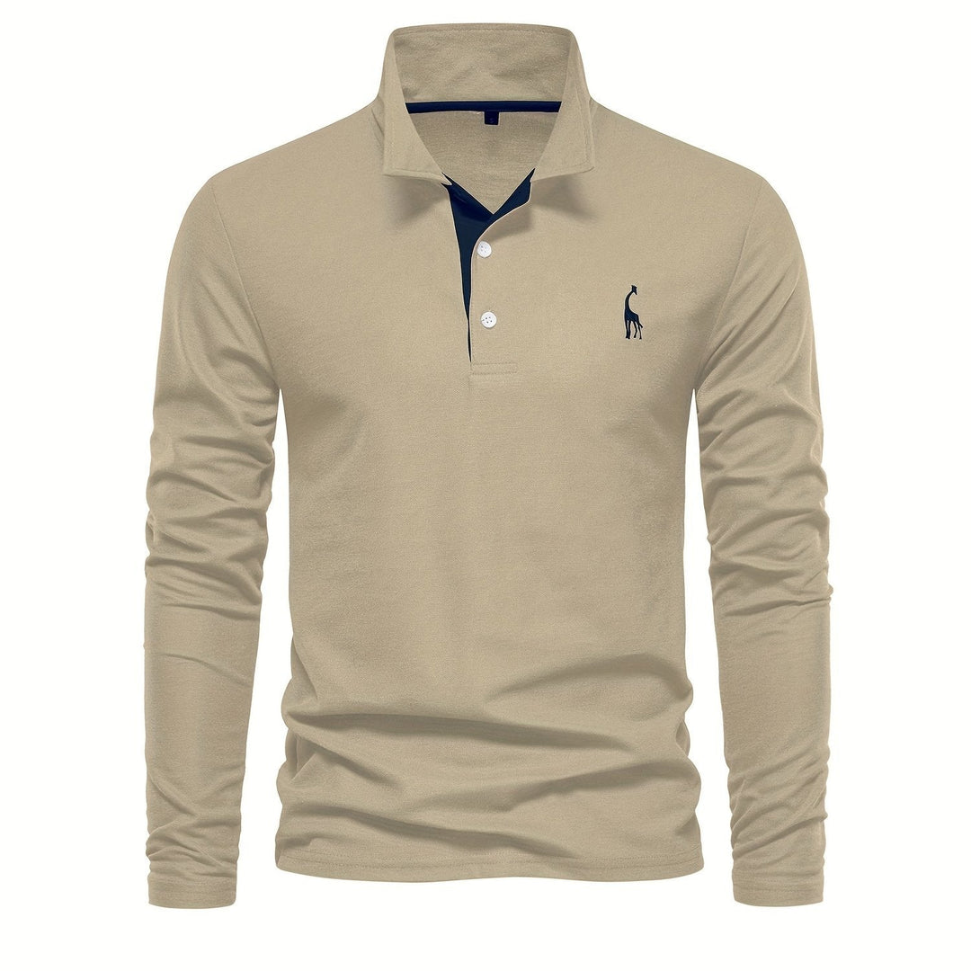 Close-up on the collar of a men's comfortable long sleeve polo shirt
