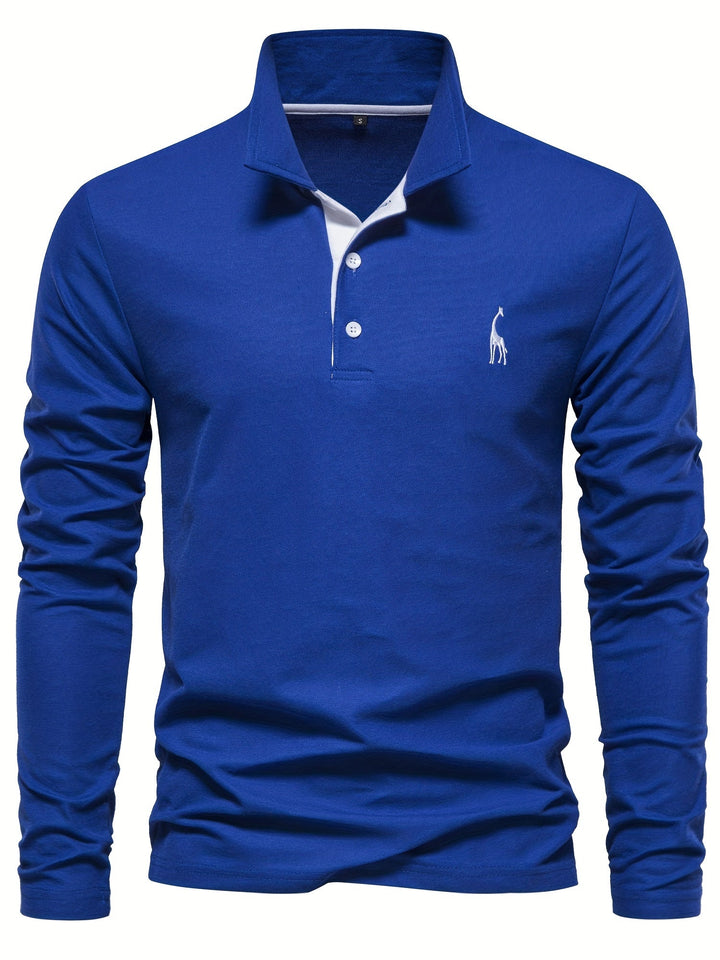 Man wearing a black long sleeve polo shirt, smart casual menswear