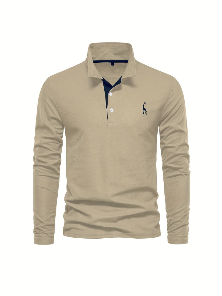 Model showing off the versatile fit of a men's long sleeve polo shirt