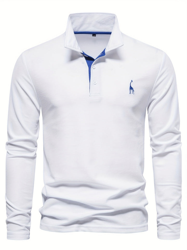 Side view of a men's long sleeve polo shirt in olive green