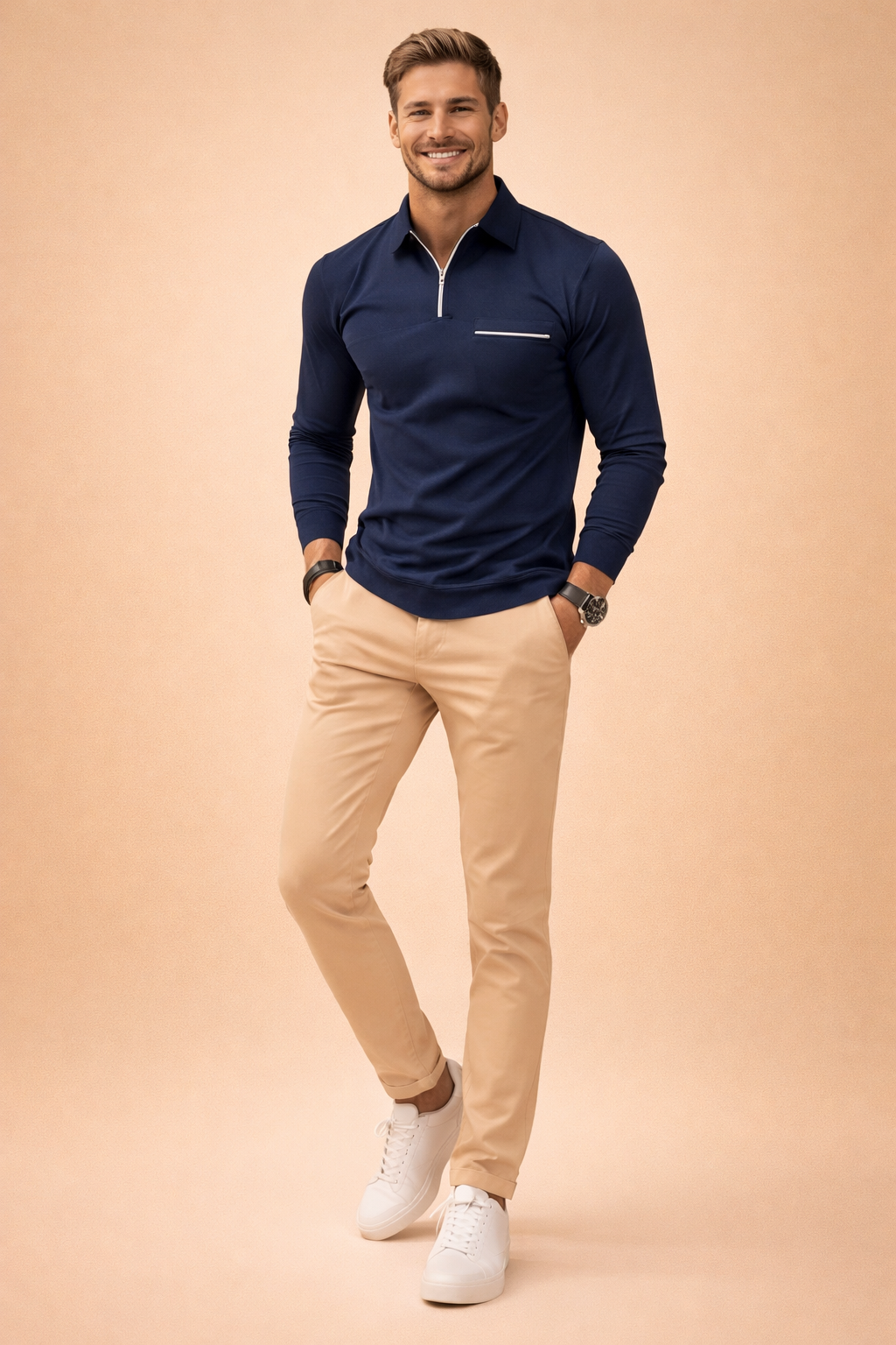 Men's long-sleeve quarter-zip polo shirt in a comfort fit, ideal for smart casual men's fashion.