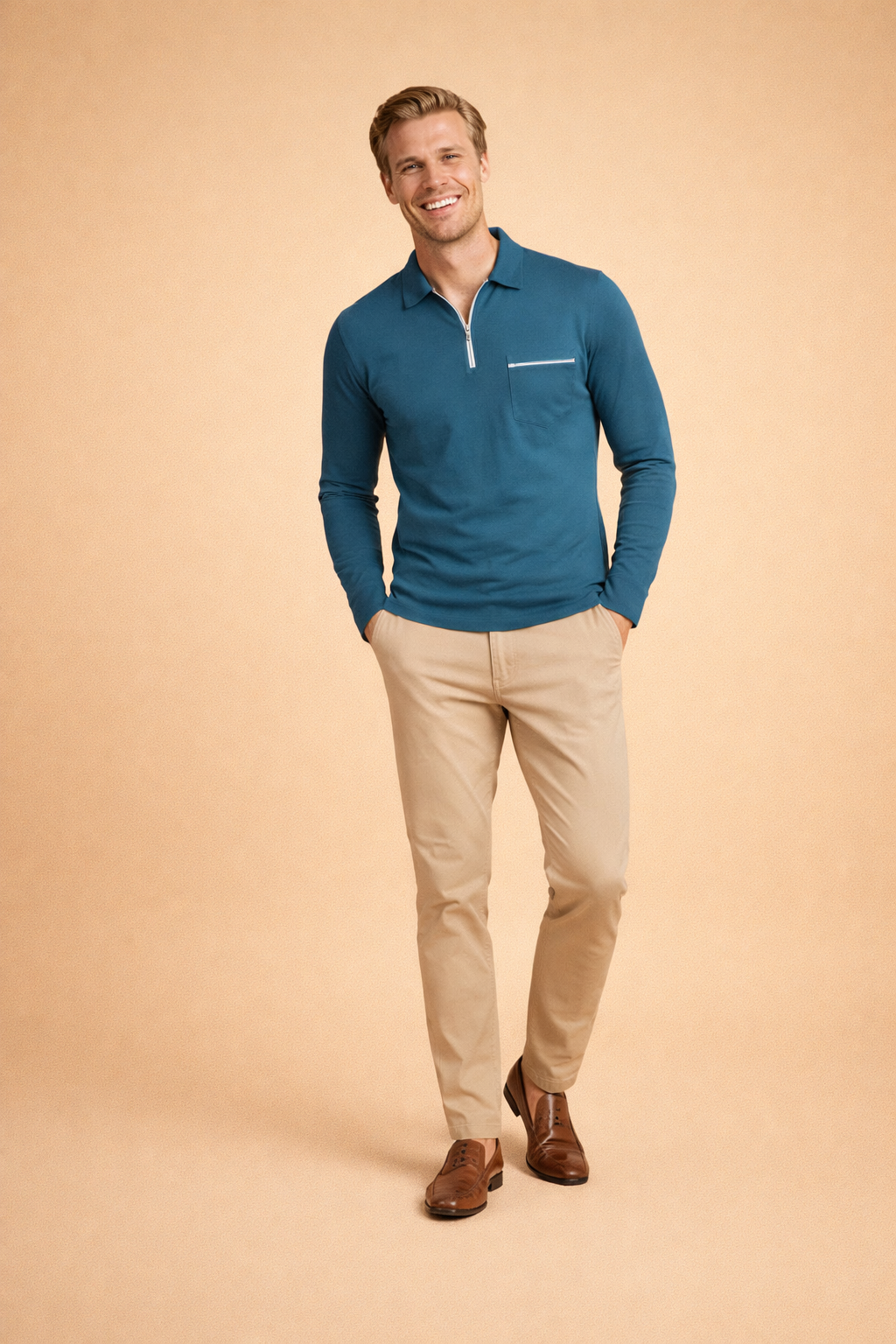 Detail of the modern quarter-zip and classic collar on a versatile men's long-sleeve polo shirt.