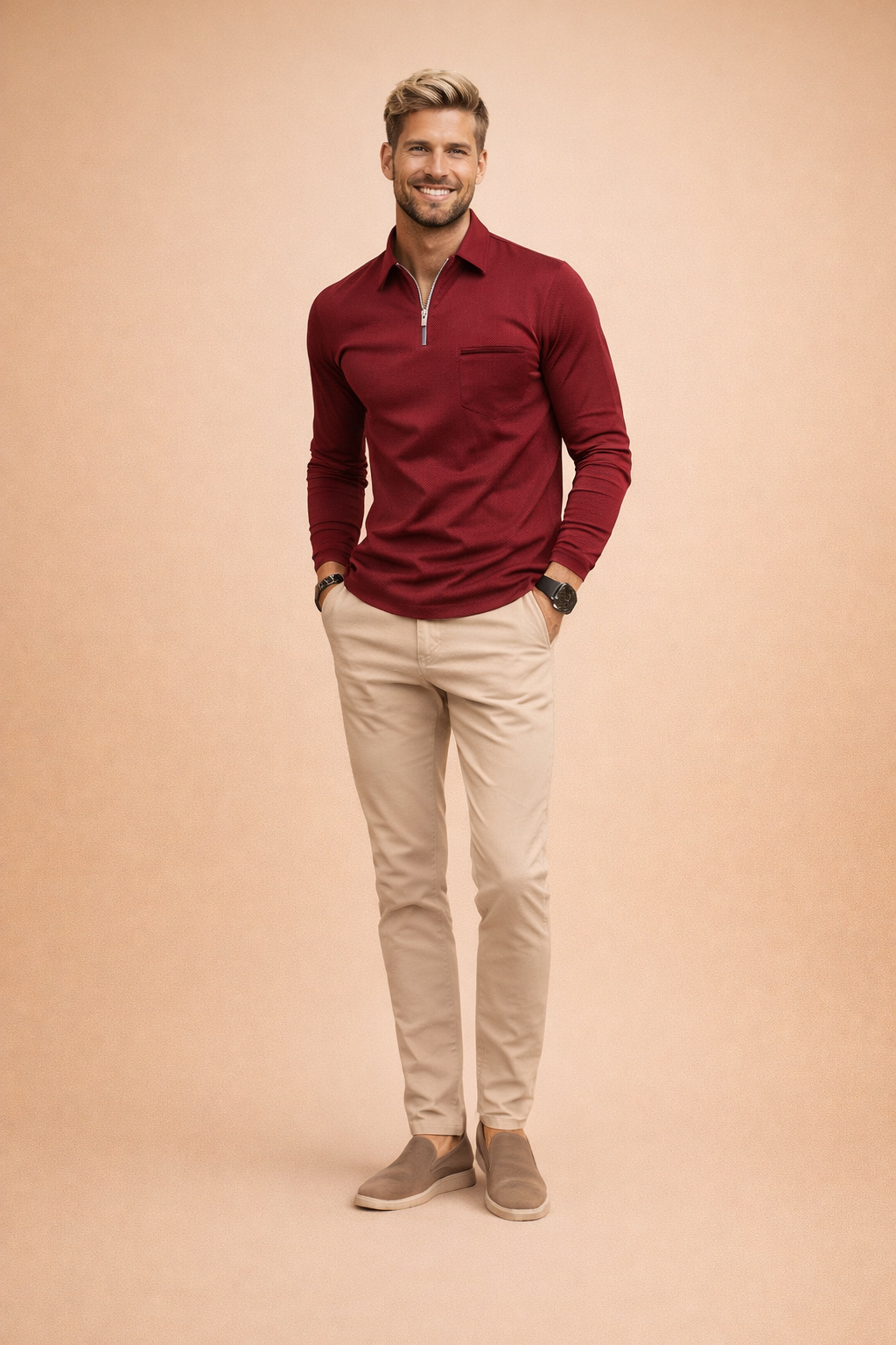 Soft, comfort-fit fabric detail of a men's long-sleeve quarter-zip polo, great for everyday wear.