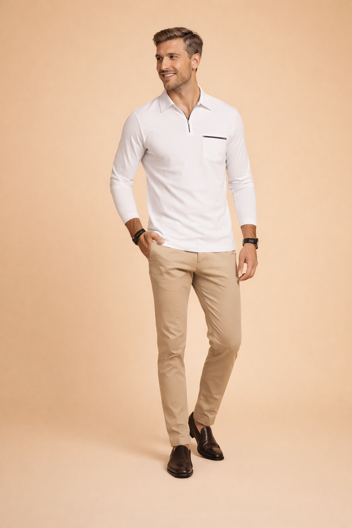 Full view of a modern men's long-sleeve quarter-zip polo shirt, offering comfort and smart casual style.