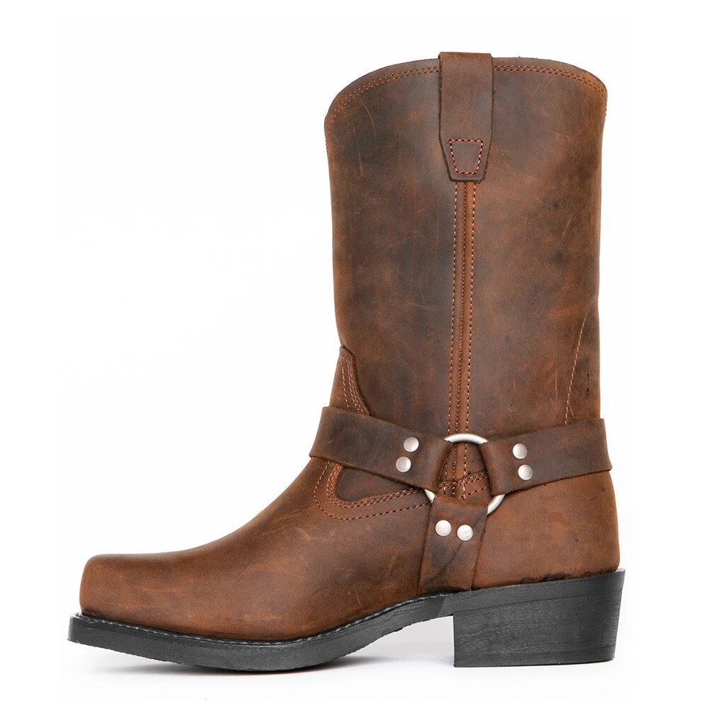 Men's mid calf harness cowboy boots in rugged leather, perfect for western style.