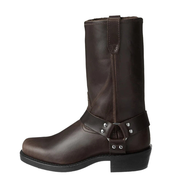 Stylish men's mid calf cowboy boots with a decorative harness, ideal for fall and winter fashion.