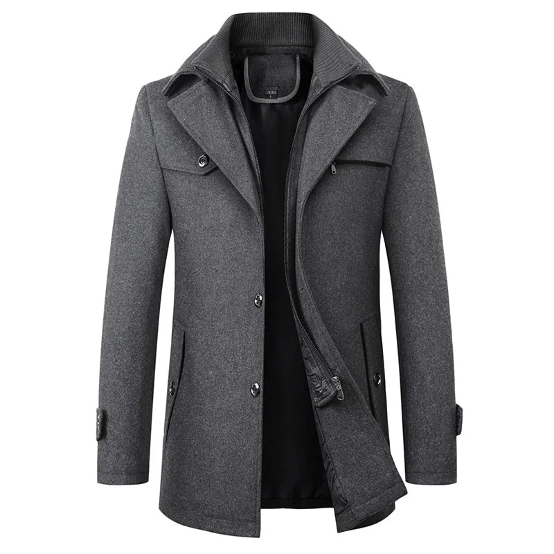 Black men's classic mid-length pea coat. Warm winter jacket for smart casual looks & cold weather.
