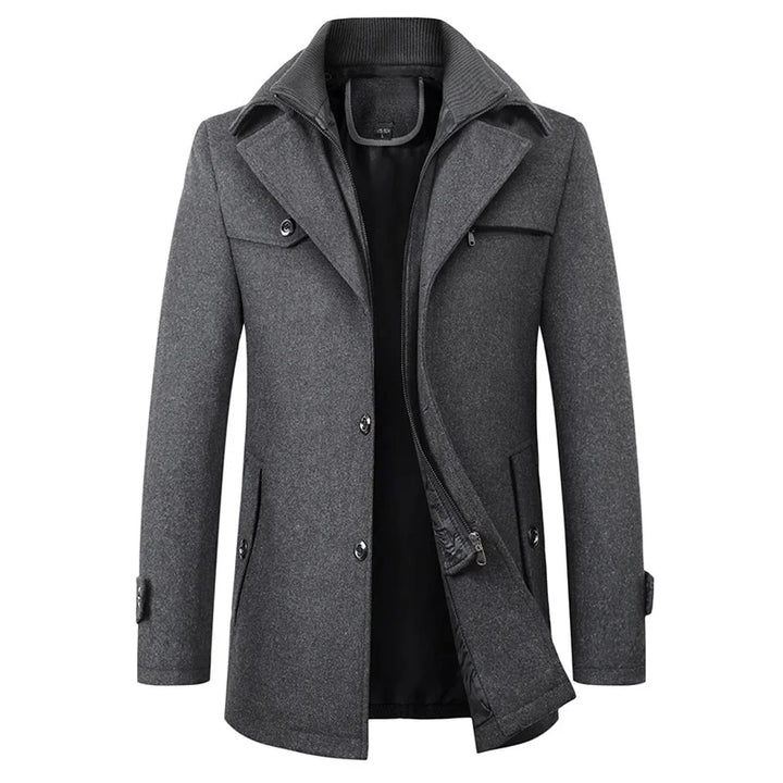 Black men's classic mid-length pea coat. Warm winter jacket for smart casual looks & cold weather.