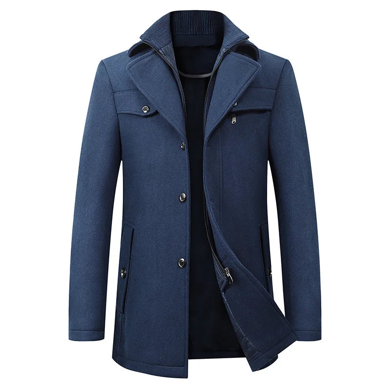 Navy men's mid-length pea coat. Stylish and warm winter outerwear, perfect for cold weather fashion.