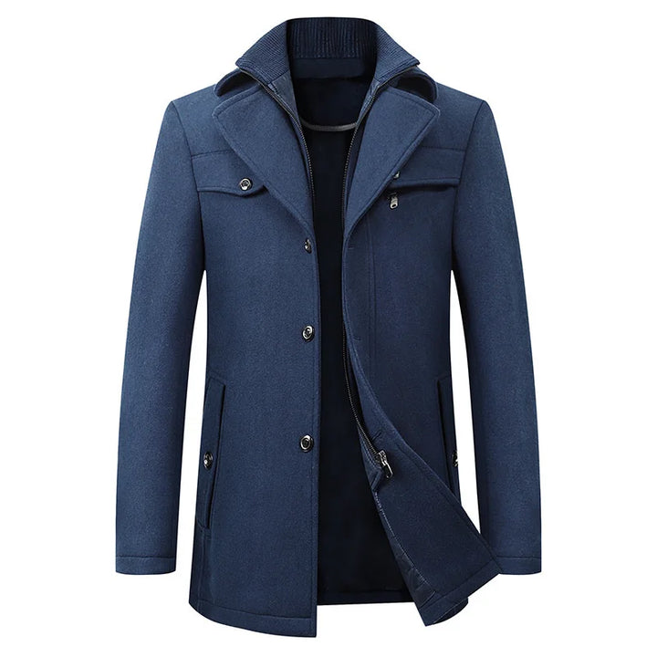 Navy men's mid-length pea coat. Stylish and warm winter outerwear, perfect for cold weather fashion.