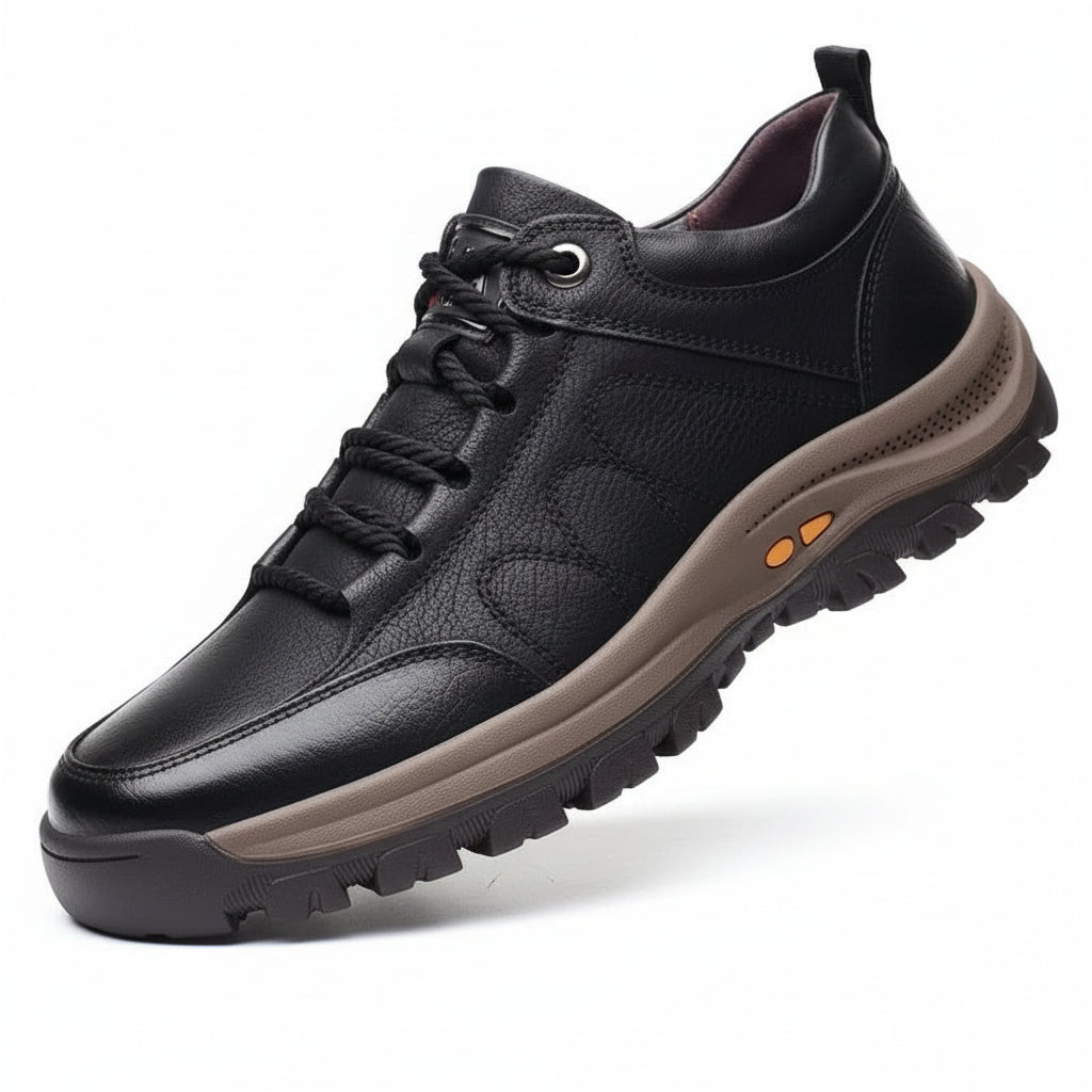 Men's orthopedic waterproof walking shoes with arch support in black.