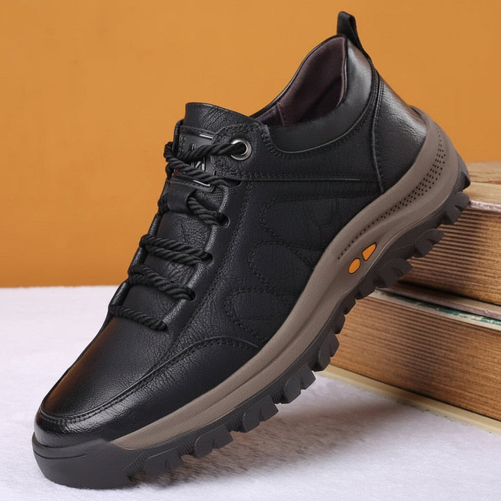 Side view of men's orthopedic walking shoes, highlighting comfort and support features.