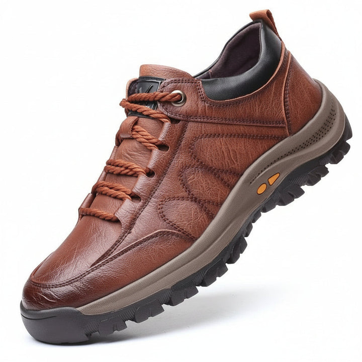 Detail of the breathable mesh on men's orthopedic waterproof walking shoes.