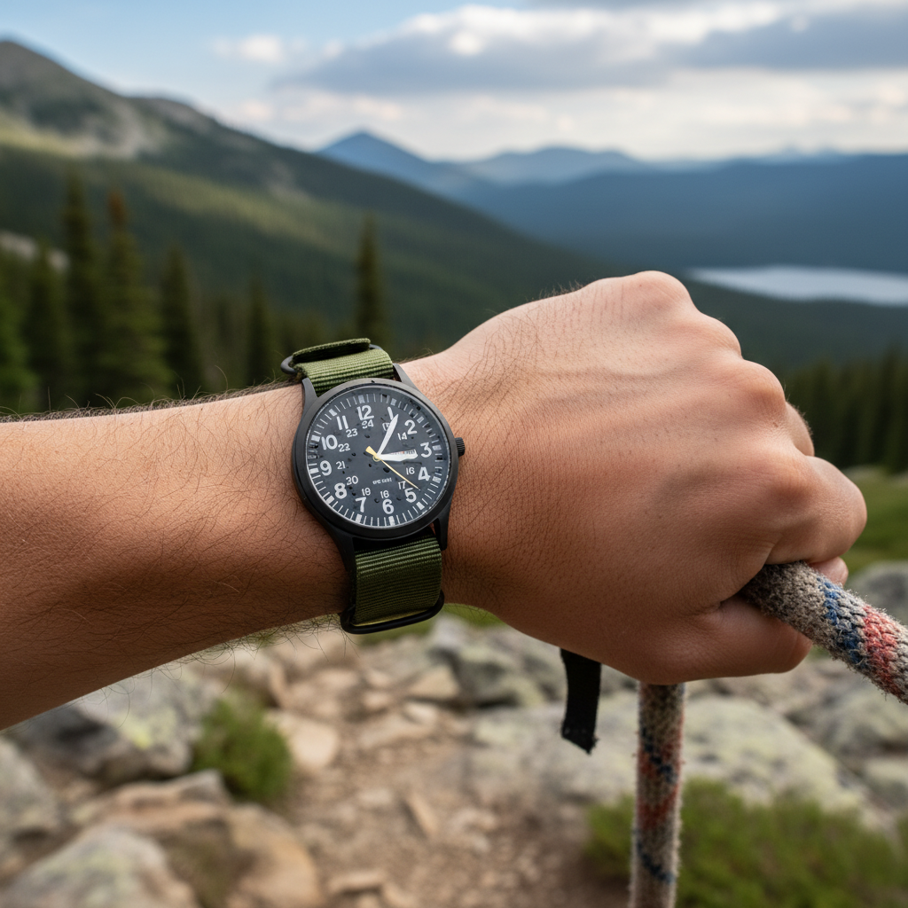 Men's durable outdoor watch, waterproof, stainless steel case, black nylon strap. Ideal for active men.