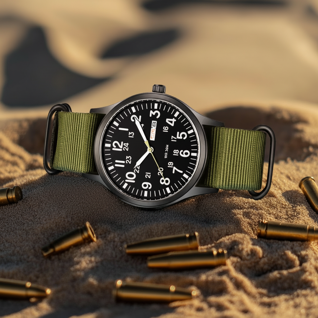High-performance men's outdoor watch, waterproof, scratch-resistant, with stainless steel & nylon strap.