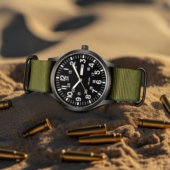High-performance men's outdoor watch, waterproof, scratch-resistant, with stainless steel & nylon strap.