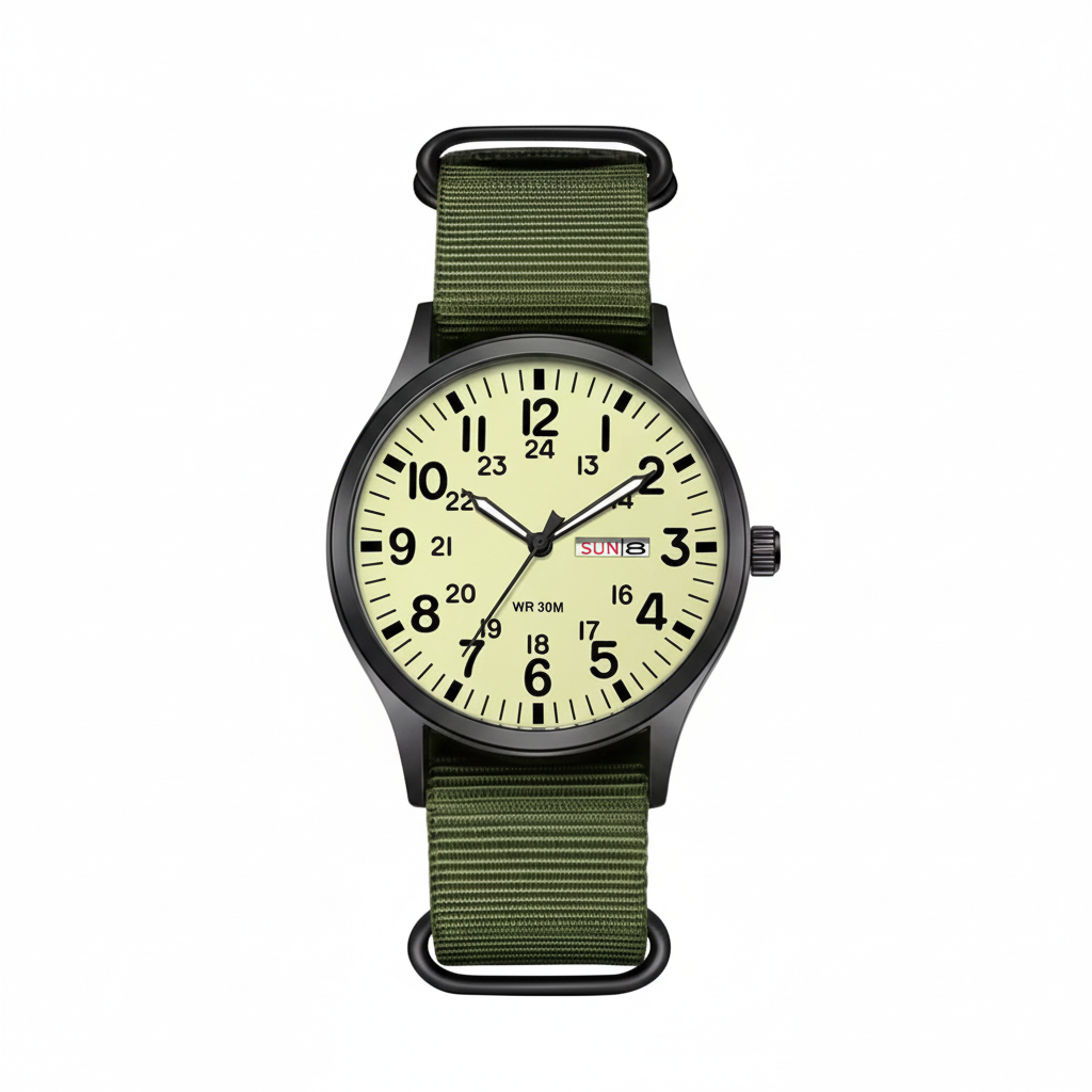 Sporty men's waterproof watch with stainless steel case & durable nylon strap for active lifestyles.