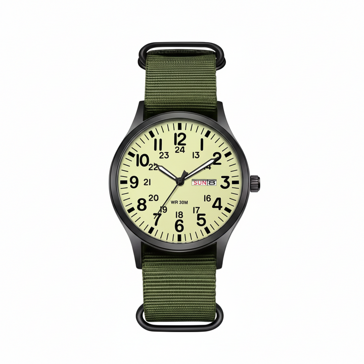 Sporty men's waterproof watch with stainless steel case & durable nylon strap for active lifestyles.