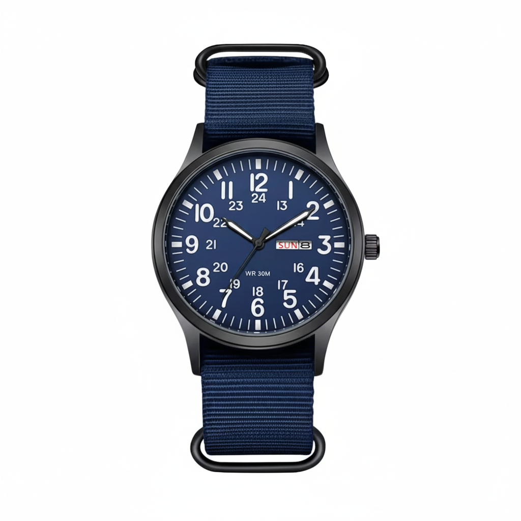 Scratch-resistant men's outdoor watch; durable stainless steel & tough nylon strap for adventurers.