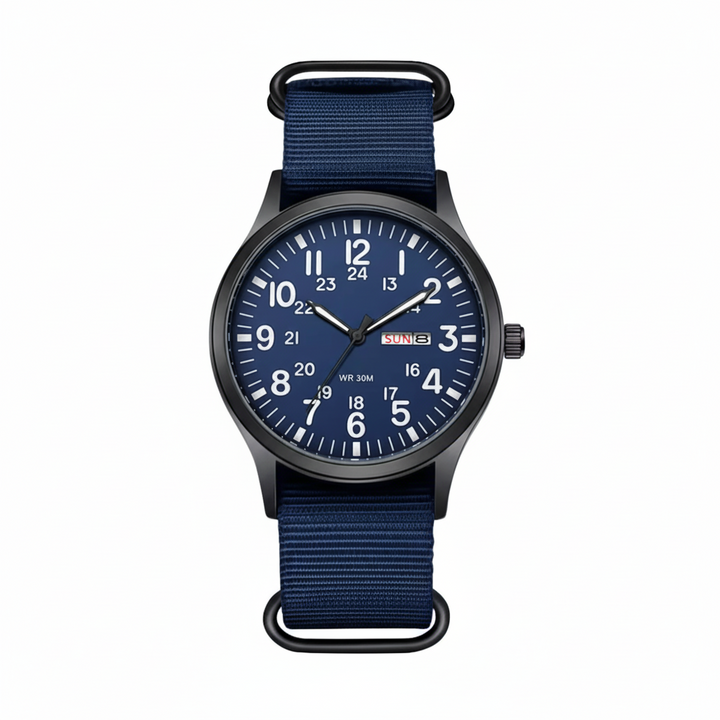 Scratch-resistant men's outdoor watch; durable stainless steel & tough nylon strap for adventurers.