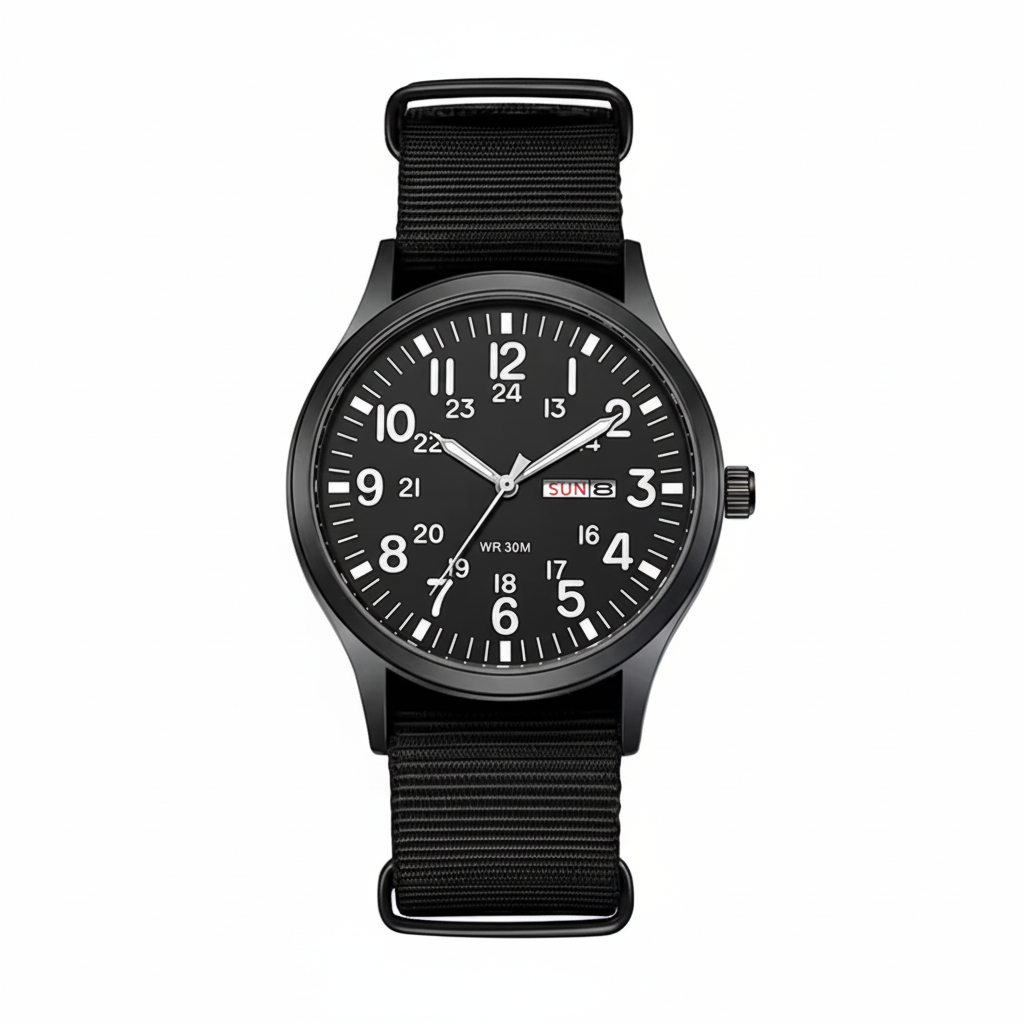 Waterproof men's watch with stainless steel case & comfortable nylon strap, perfect for outdoor sports.