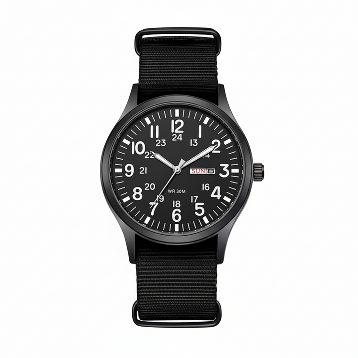 Waterproof men's watch with stainless steel case & comfortable nylon strap, perfect for outdoor sports.