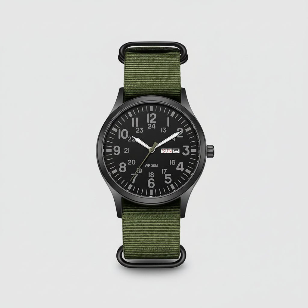 Stylish men's accessory: durable outdoor watch, waterproof, stainless steel case, rugged nylon strap.